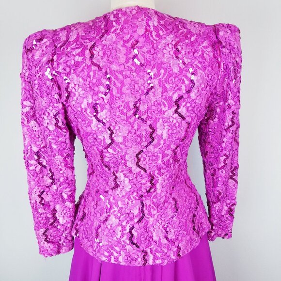 Vintage 1980's Fuchsia Sequin Ruffled Blouse & Skirt Set by Nancy Bracoloni - Picture 7 of 15